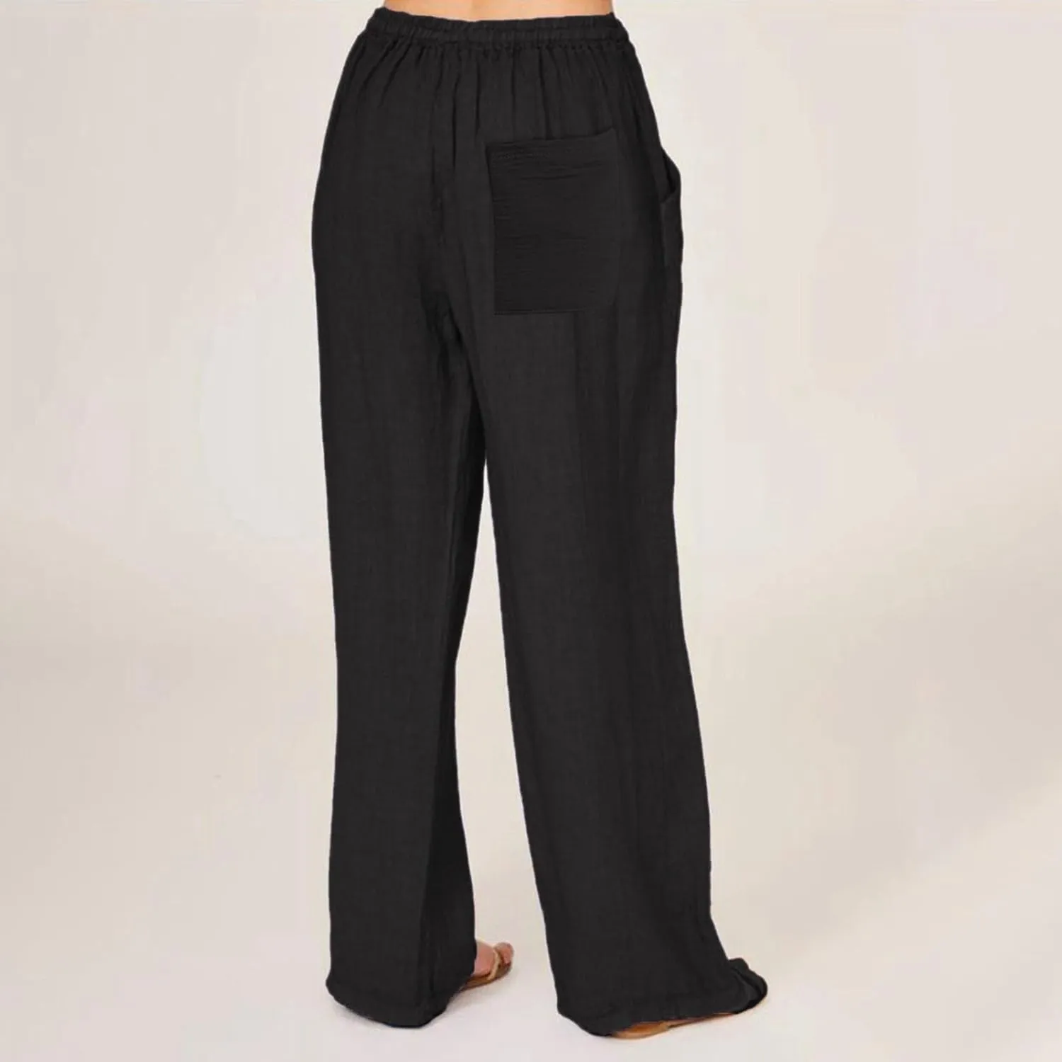 Linen Pants Women Summer Wide Leg Beach Pants Casual Drawstring High Waisted Work Pants with Pockets Flowy Palazzo Trousers