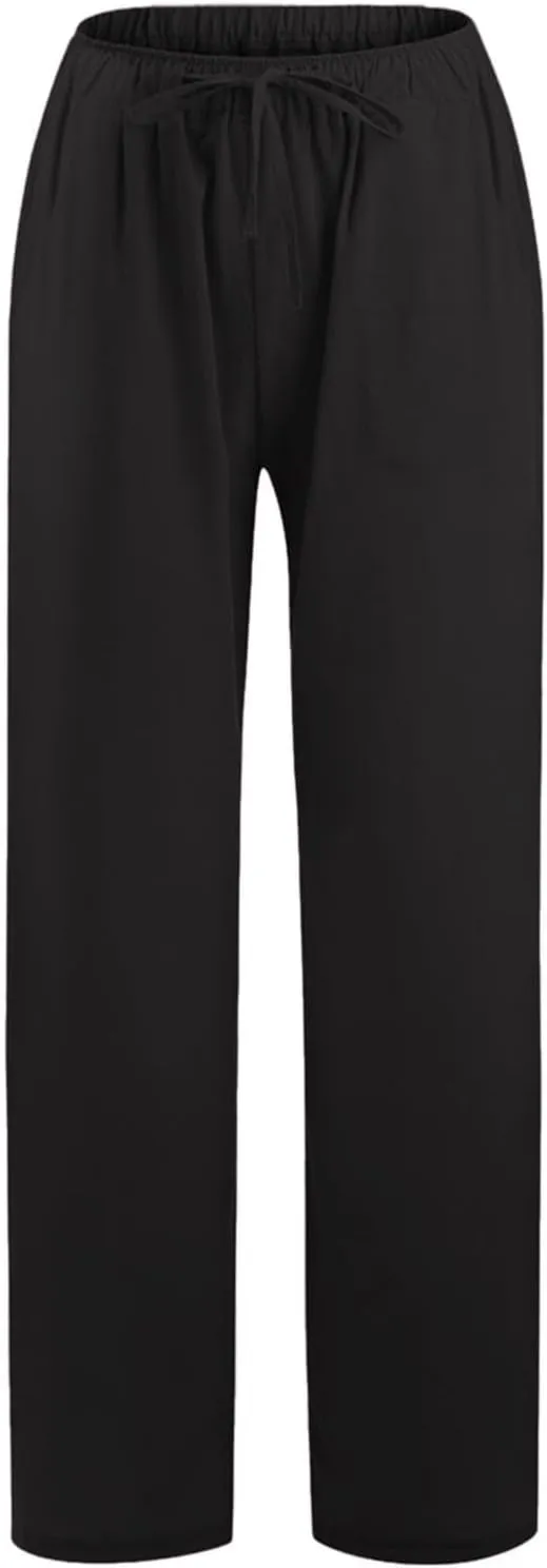 Linen Pants Women Summer Wide Leg Beach Pants Casual Drawstring High Waisted Work Pants with Pockets Flowy Palazzo Trousers