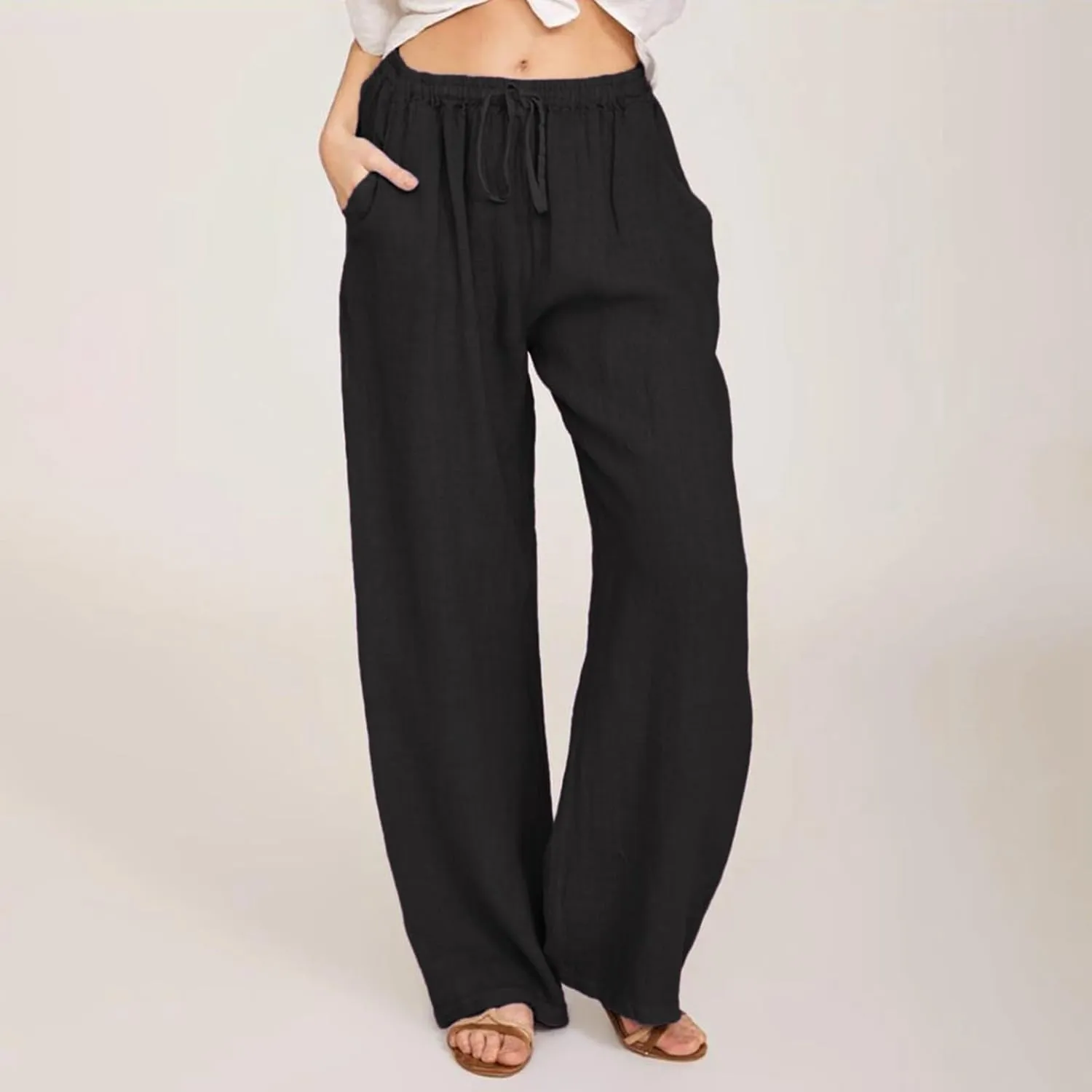 Linen Pants Women Summer Wide Leg Beach Pants Casual Drawstring High Waisted Work Pants with Pockets Flowy Palazzo Trousers