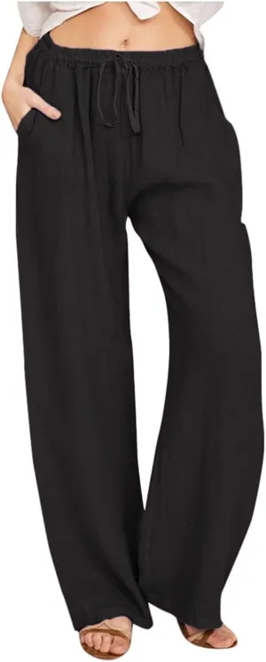Linen Pants Women Summer Wide Leg Beach Pants Casual Drawstring High Waisted Work Pants with Pockets Flowy Palazzo Trousers