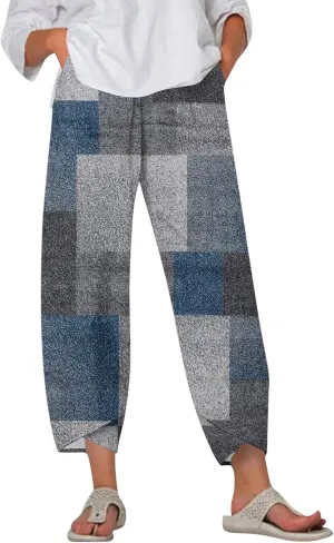 Linen Pants Women Wide Leg Summer Capri Pants with Pockets Elastic Waist Lounge Palazzo Crop Beach Baggy Trousers
