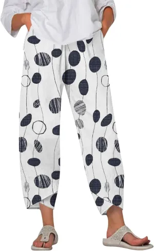 Linen Pants Women Wide Leg Summer Capri Pants with Pockets Elastic Waist Lounge Palazzo Crop Beach Baggy Trousers