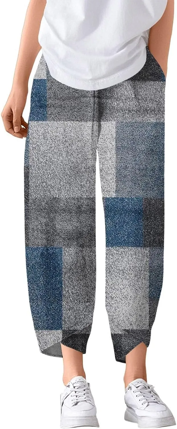 Linen Pants Women Wide Leg Summer Capri Pants with Pockets Elastic Waist Lounge Palazzo Crop Beach Baggy Trousers