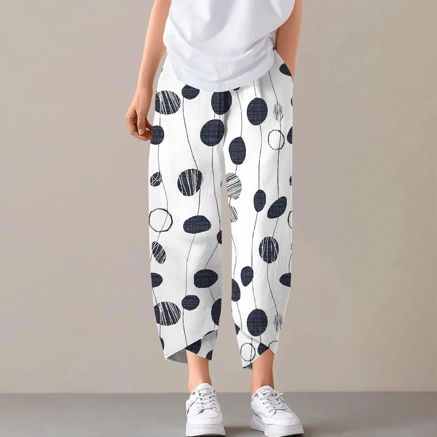 Linen Pants Women Wide Leg Summer Capri Pants with Pockets Elastic Waist Lounge Palazzo Crop Beach Baggy Trousers