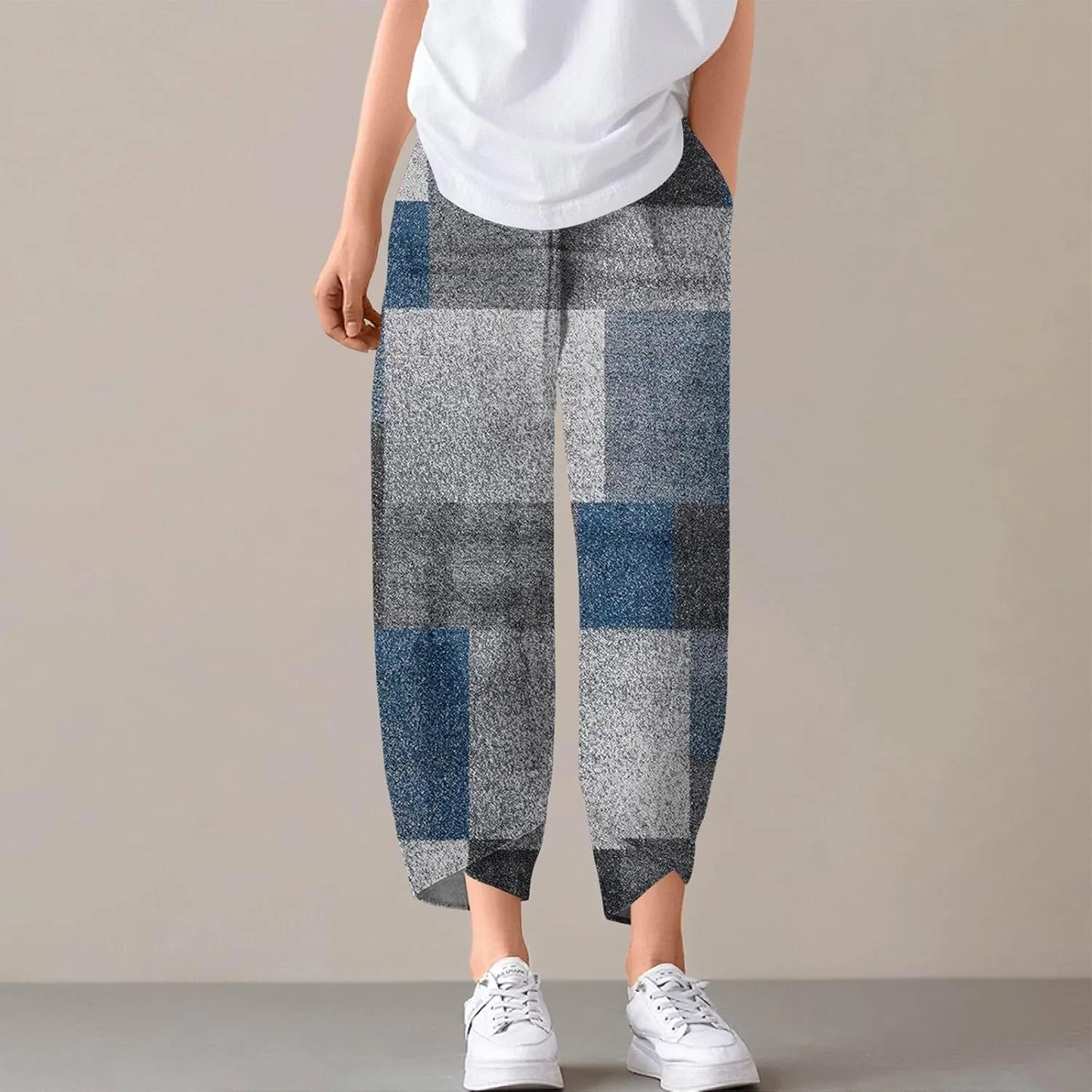 Linen Pants Women Wide Leg Summer Capri Pants with Pockets Elastic Waist Lounge Palazzo Crop Beach Baggy Trousers