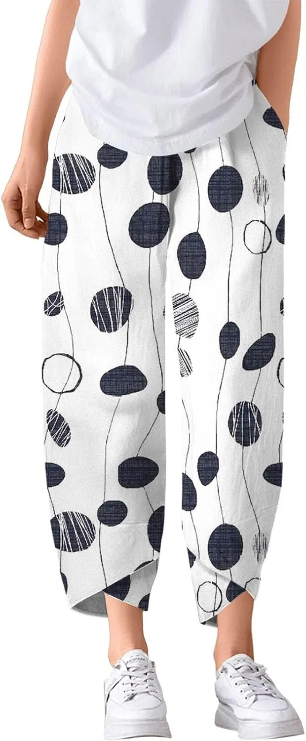 Linen Pants Women Wide Leg Summer Capri Pants with Pockets Elastic Waist Lounge Palazzo Crop Beach Baggy Trousers