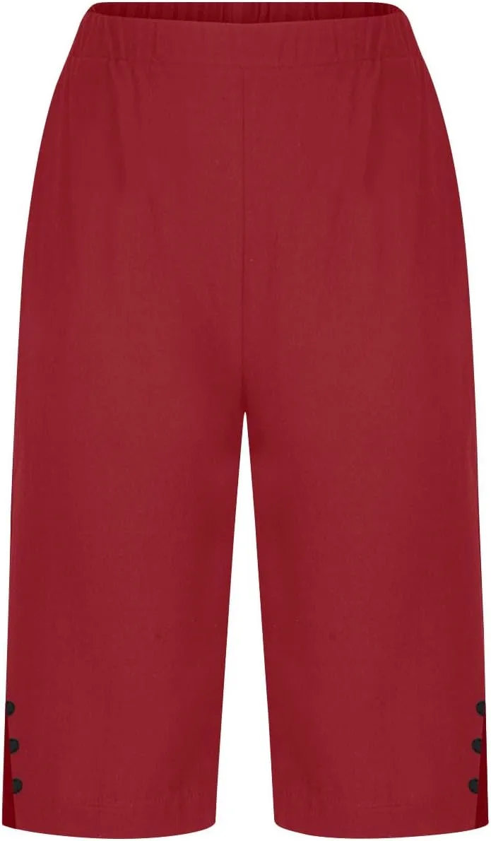 Linen Short Pants for Women Knee Length Summer Drawstring Elastic High Waist Womens Pant Straight Comfy Leg Trouser