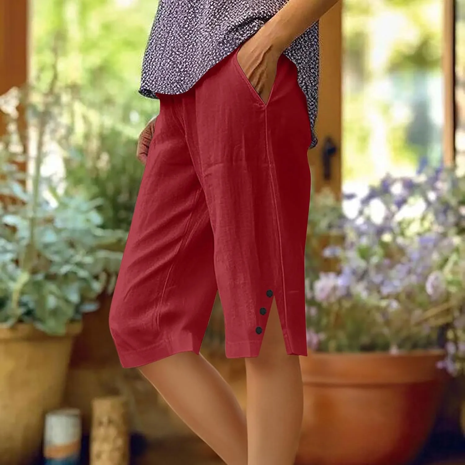 Linen Short Pants for Women Knee Length Summer Drawstring Elastic High Waist Womens Pant Straight Comfy Leg Trouser
