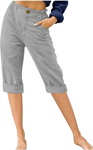 Linen Wide Leg Pants for Women Summer Casual Capri Pants Elastic Waist Comfy Loose Button Up Straight Leg Trousers