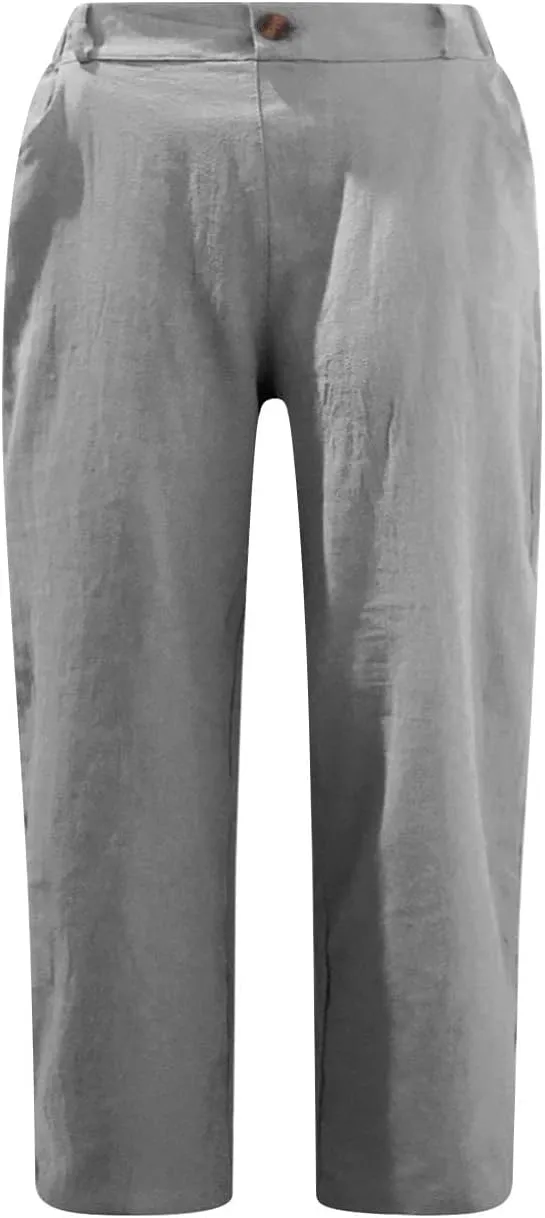 Linen Wide Leg Pants for Women Summer Casual Capri Pants Elastic Waist Comfy Loose Button Up Straight Leg Trousers