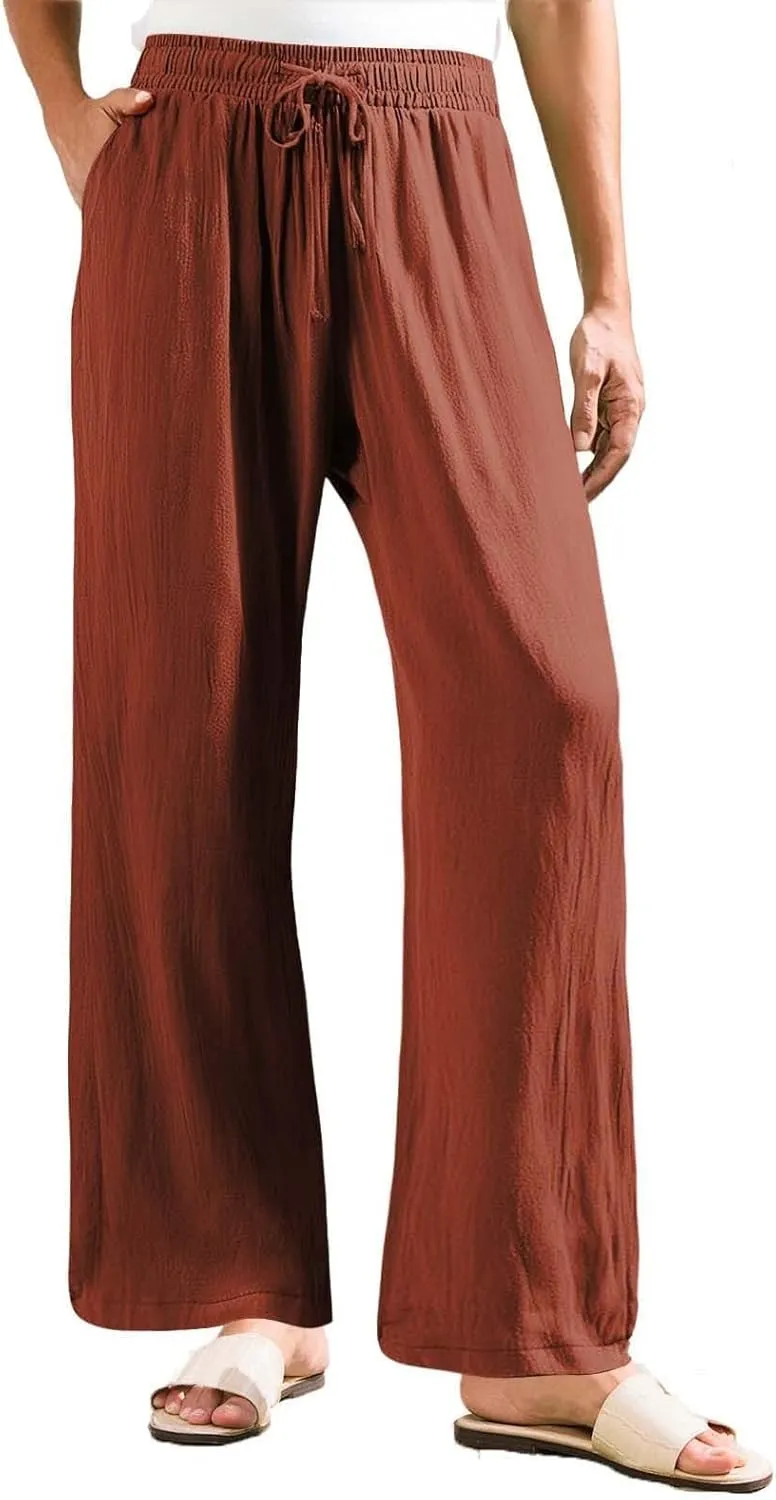 Linen Wide Leg Pants for Women Summer Casual High Waisted Palazzo Pants Boho Beach Vacation Trousers with Pockets