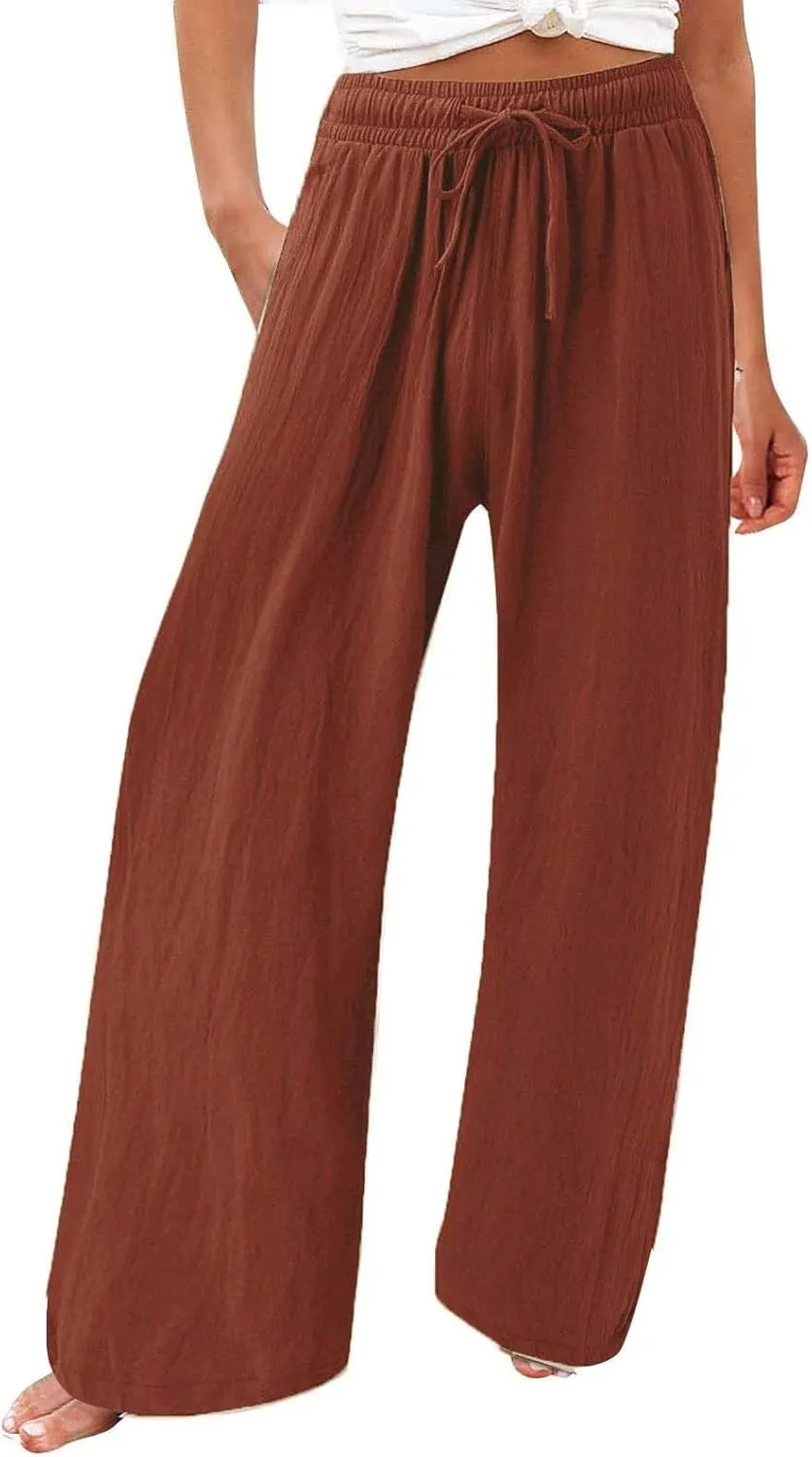 Linen Wide Leg Pants for Women Summer Casual High Waisted Palazzo Pants Boho Beach Vacation Trousers with Pockets