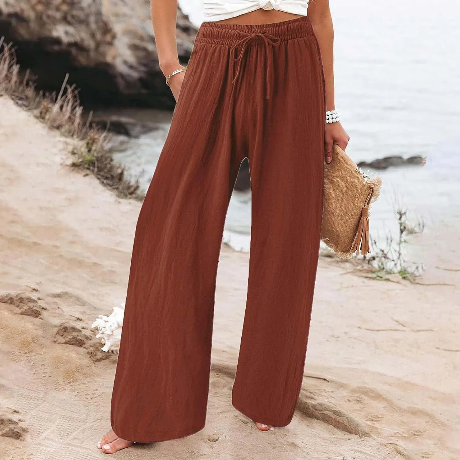 Linen Wide Leg Pants for Women Summer Casual High Waisted Palazzo Pants Boho Beach Vacation Trousers with Pockets