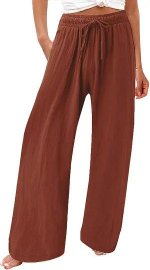 Linen Wide Leg Pants for Women Summer Casual High Waisted Palazzo Pants Boho Beach Vacation Trousers with Pockets