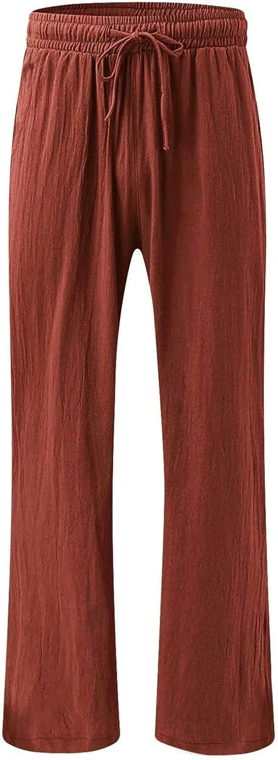 Linen Wide Leg Pants for Women Summer Casual High Waisted Palazzo Pants Boho Beach Vacation Trousers with Pockets