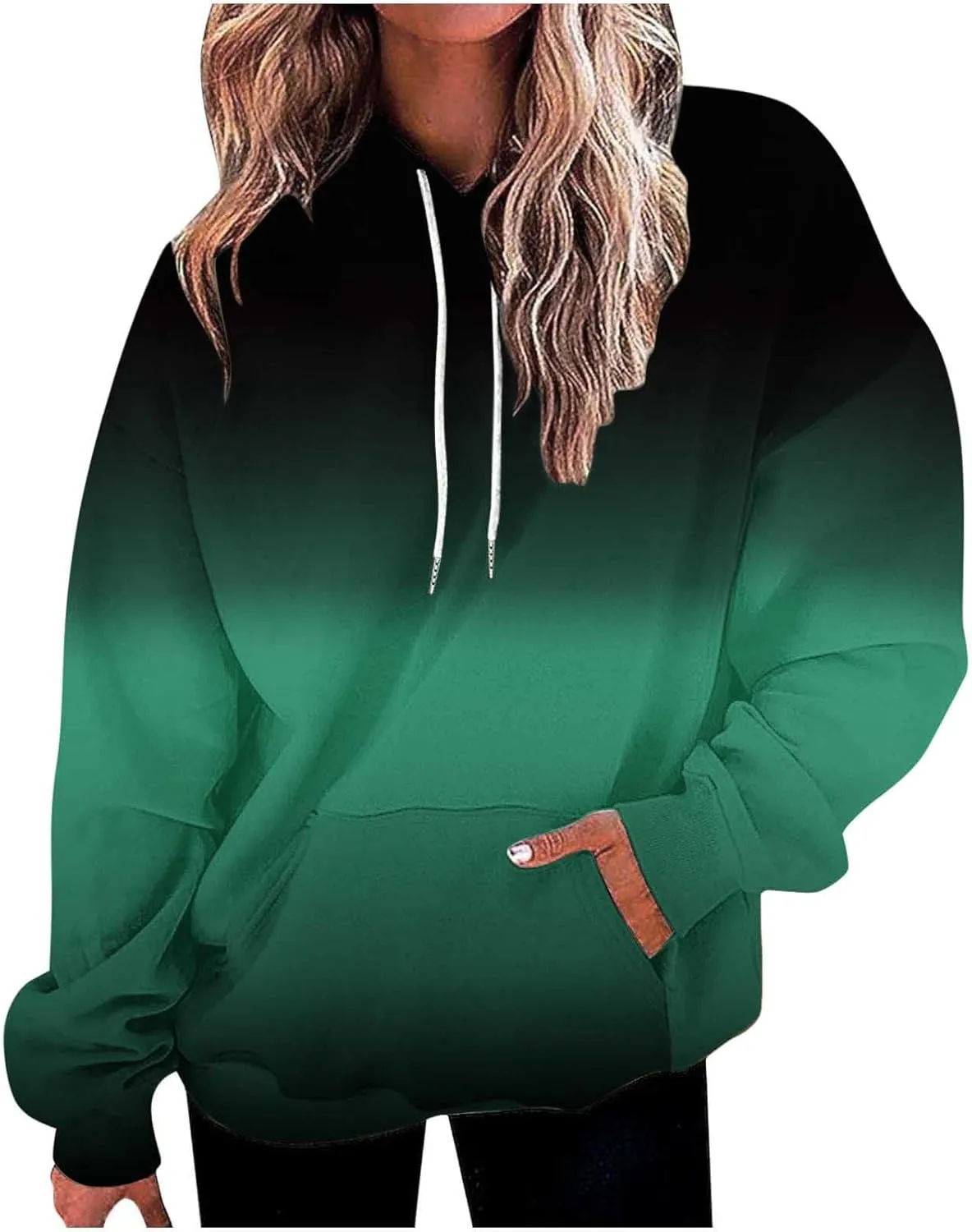 Long Sleeve Blouses for Women Fashion Drawstring Gradient Color Hooded Sweatshirts Causal Oversized Shirts Pullover