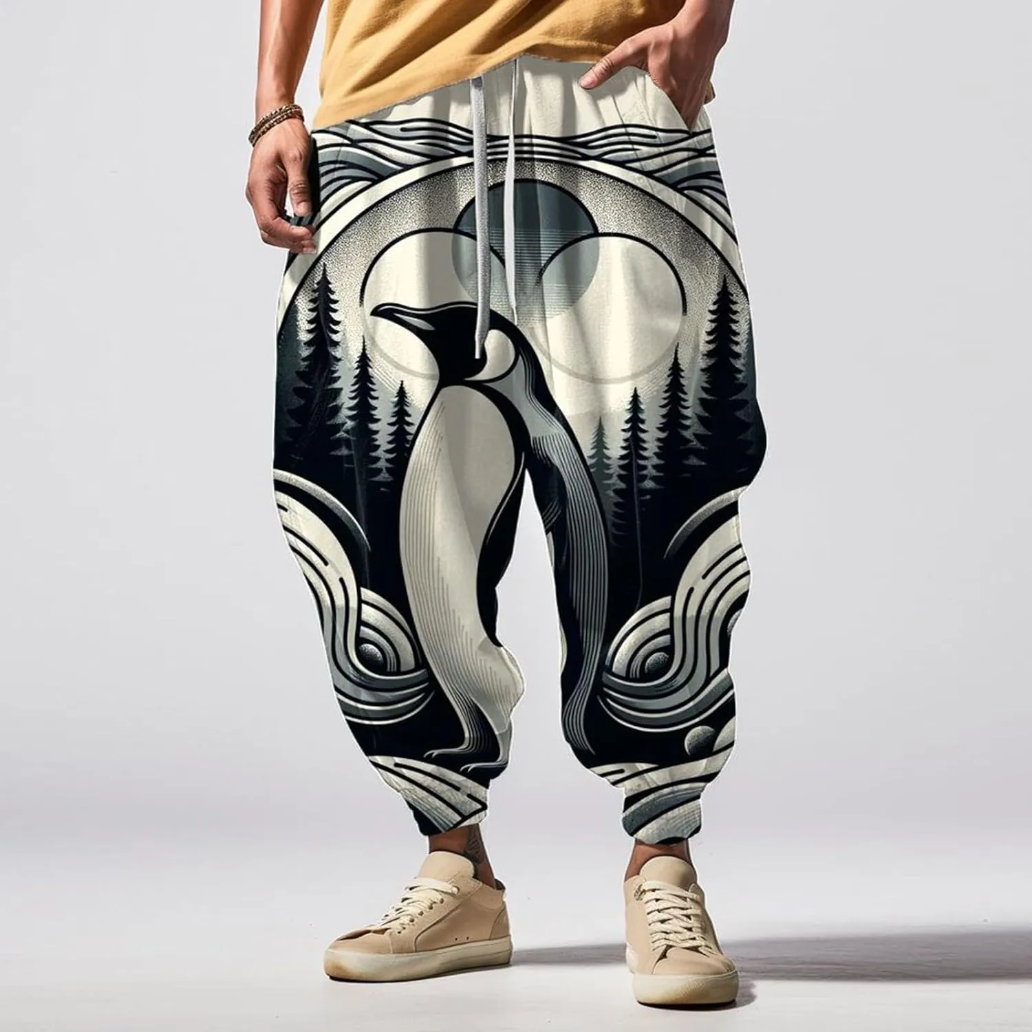 Loose Elastic Waist Drawstring Street Feel Casual Sweatpants Black Harem Pants Men Mens Pants White Harem Men's