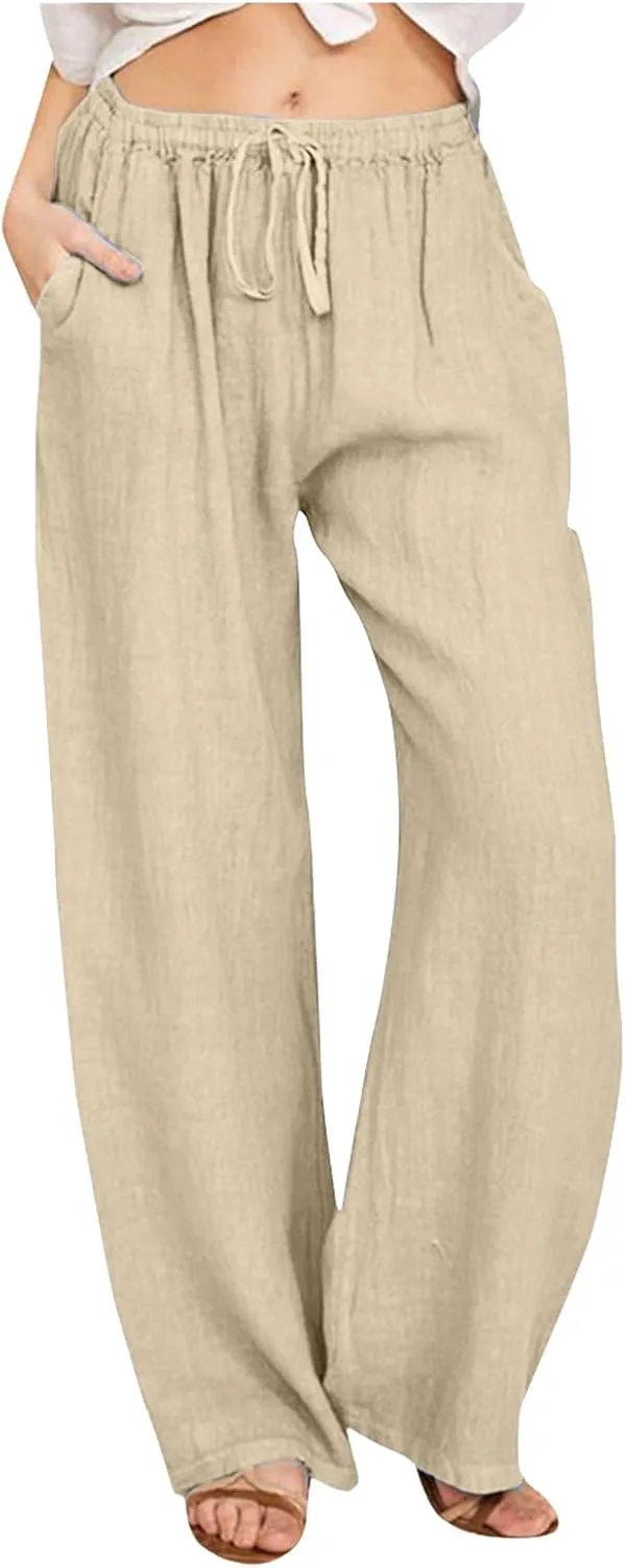 Loose Linen Pants for Women 2025 Baggy Y2K Summer Stretchy Boho Beach Pants Relaxed Loose Fit Elastic Lightweight Trousers