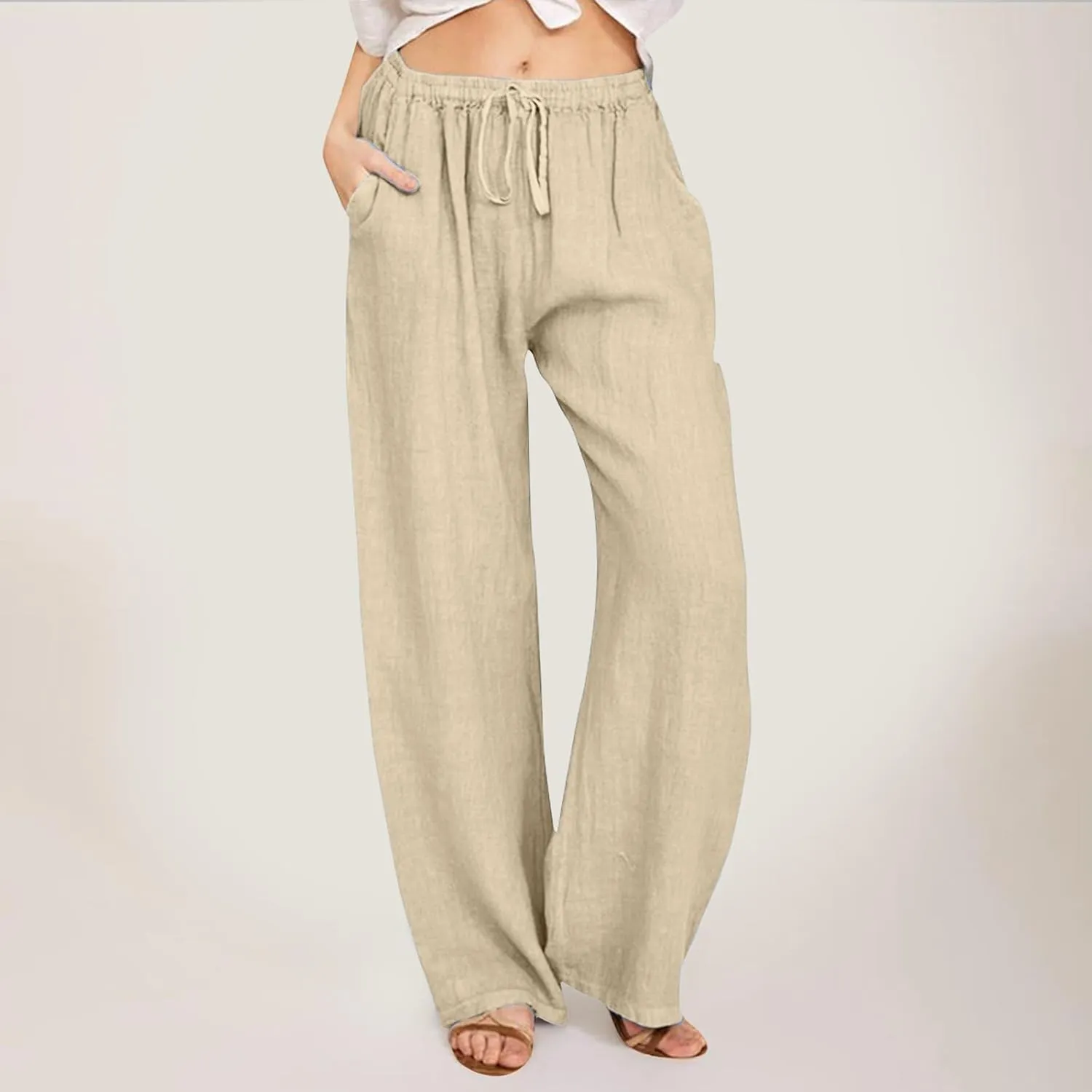 Loose Linen Pants for Women 2025 Baggy Y2K Summer Stretchy Boho Beach Pants Relaxed Loose Fit Elastic Lightweight Trousers