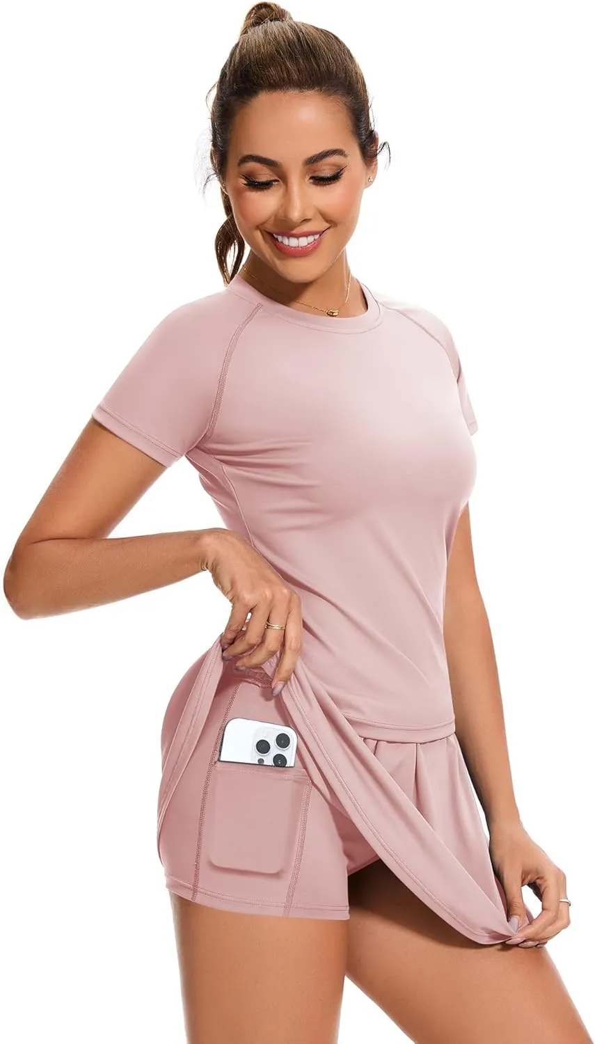 Loovoo 2 Piece Skirt Outfits for Women Workout Shirts Basic Tops Tennis Shorts Skirts Pleated with Pockets