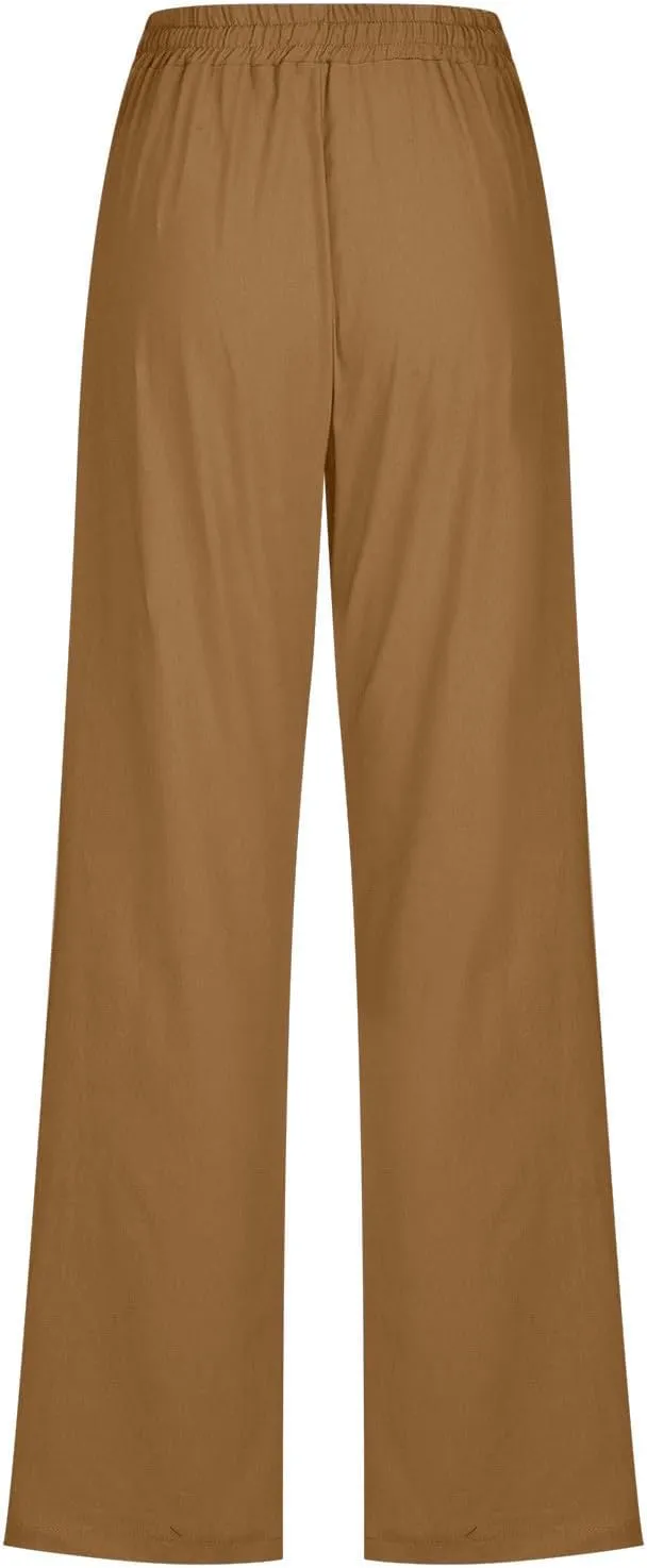 LRMQS Womens Casual Linen Pants 2024 Spring Drawstring Elastic Waist Trousers with Pockets Lounge Fashion Vacation Clothing