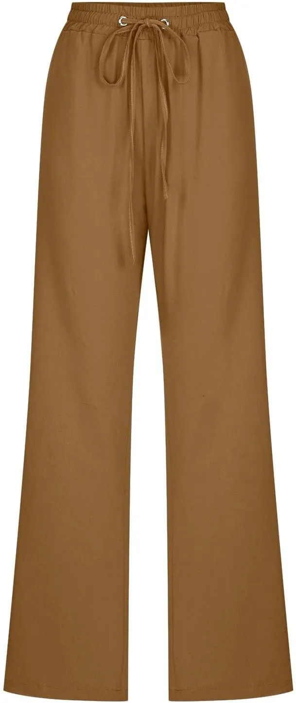 LRMQS Womens Casual Linen Pants 2024 Spring Drawstring Elastic Waist Trousers with Pockets Lounge Fashion Vacation Clothing