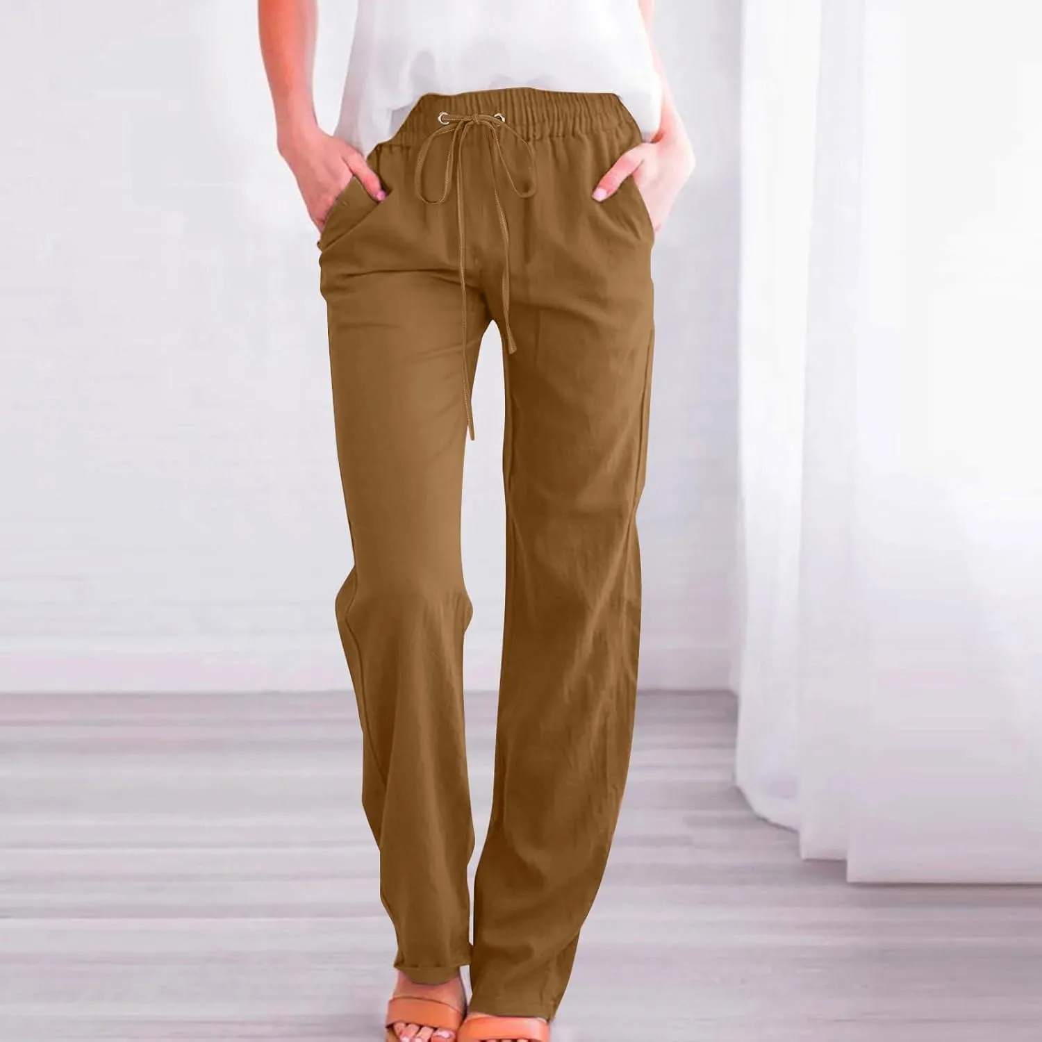 LRMQS Womens Casual Linen Pants 2024 Spring Drawstring Elastic Waist Trousers with Pockets Lounge Fashion Vacation Clothing