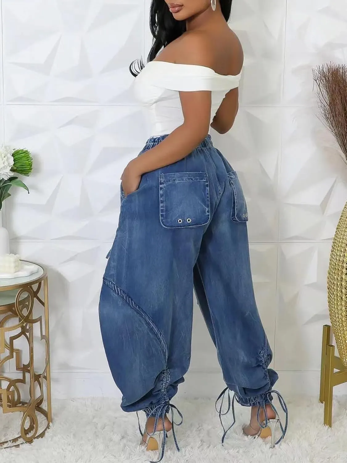 LROSEY Women's Baggy Cargo Barrel Jeans Wide Leg Denim Drawstrings Bow Tie High Waisted Harem Pants Joggers