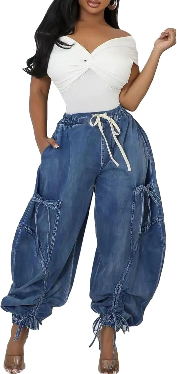 LROSEY Women's Baggy Cargo Barrel Jeans Wide Leg Denim Drawstrings Bow Tie High Waisted Harem Pants Joggers