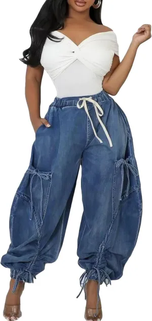 LROSEY Women's Baggy Cargo Barrel Jeans Wide Leg Denim Drawstrings Bow Tie High Waisted Harem Pants Joggers