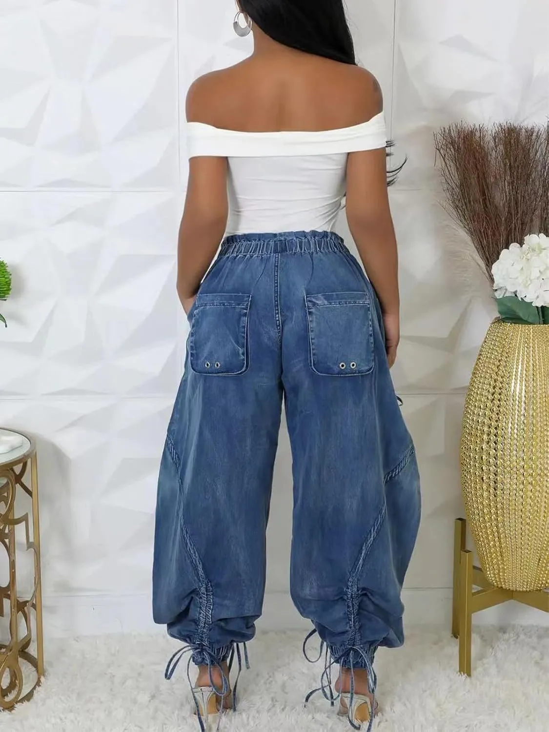 LROSEY Women's Baggy Cargo Barrel Jeans Wide Leg Denim Drawstrings Bow Tie High Waisted Harem Pants Joggers