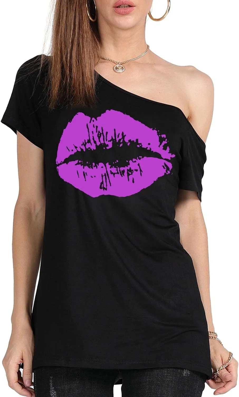 MAGICMK Womens Short Lips Print Causal Off The Shoulder Plus Size T-Shirt Tops