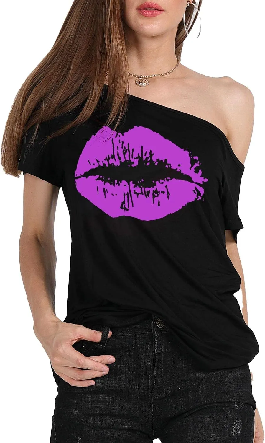 MAGICMK Womens Short Lips Print Causal Off The Shoulder Plus Size T-Shirt Tops