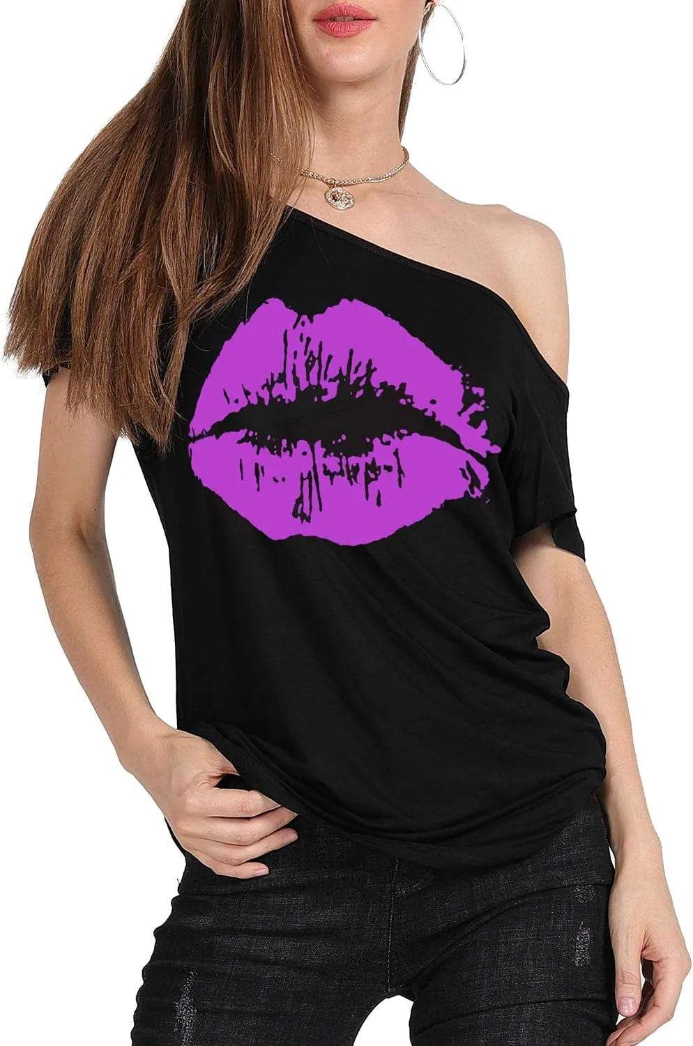 MAGICMK Womens Short Lips Print Causal Off The Shoulder Plus Size T-Shirt Tops