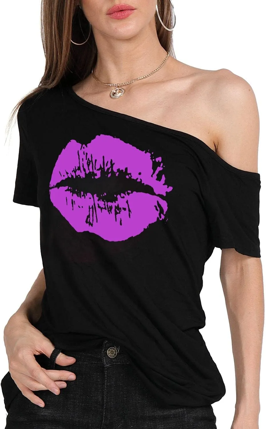MAGICMK Womens Short Lips Print Causal Off The Shoulder Plus Size T-Shirt Tops
