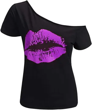 MAGICMK Womens Short Lips Print Causal Off The Shoulder Plus Size T-Shirt Tops