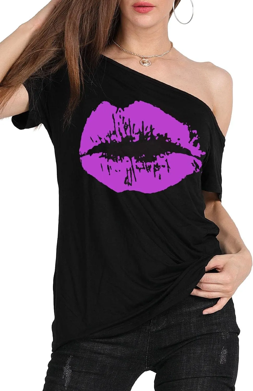 MAGICMK Womens Short Lips Print Causal Off The Shoulder Plus Size T-Shirt Tops
