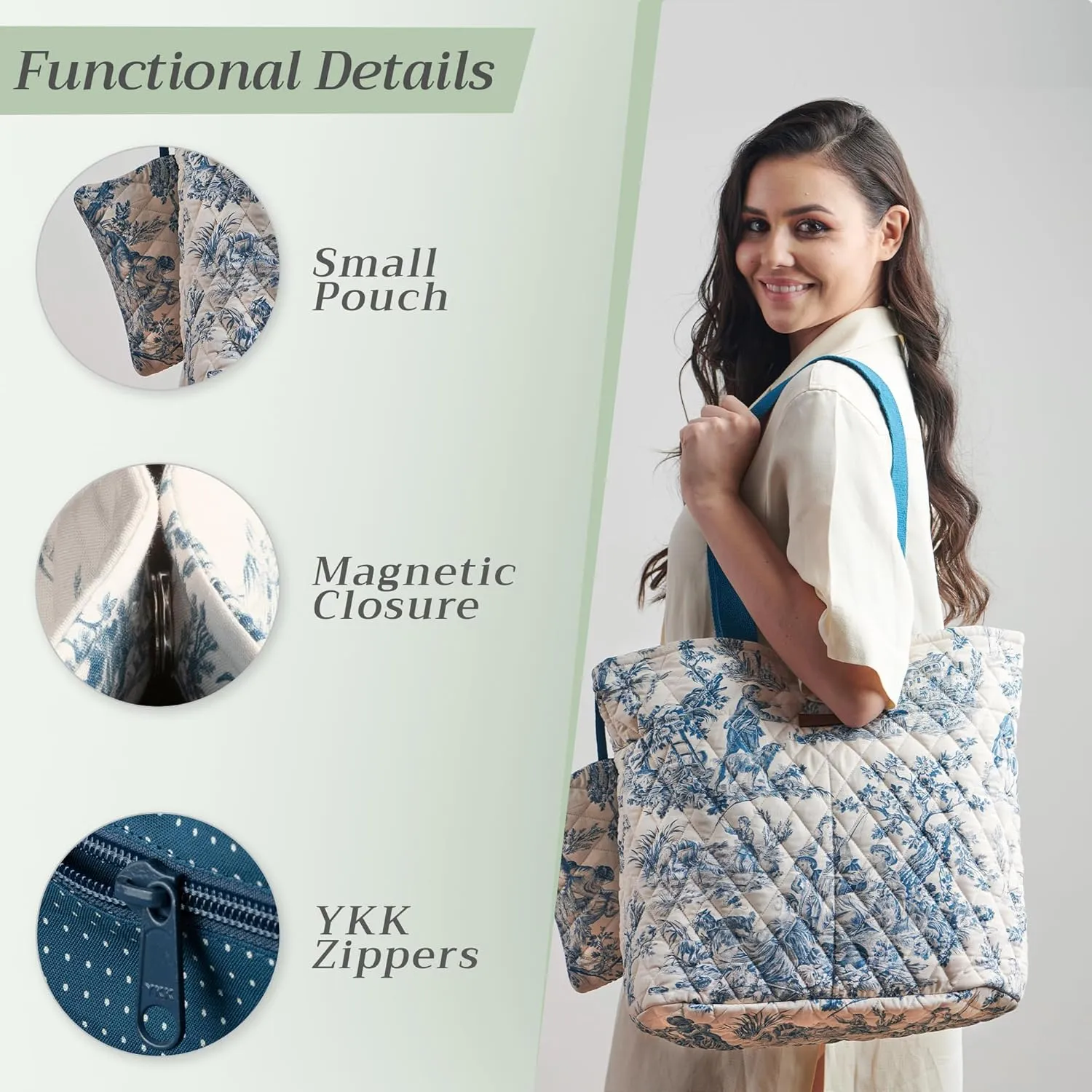 Maison d' Hermine Shopping Bags Cotton Quilted Tote Bag with Zipper Pockets Small Pouch Reusable Grocery Bag Work Travel