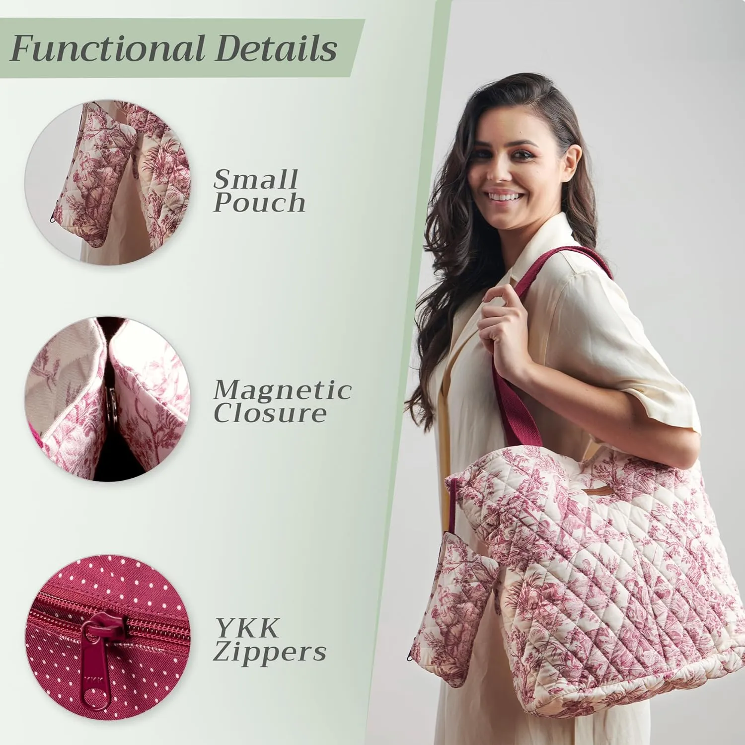 Maison d' Hermine Shopping Bags Cotton Quilted Tote Bag with Zipper Pockets Small Pouch Reusable Grocery Bag Work Travel