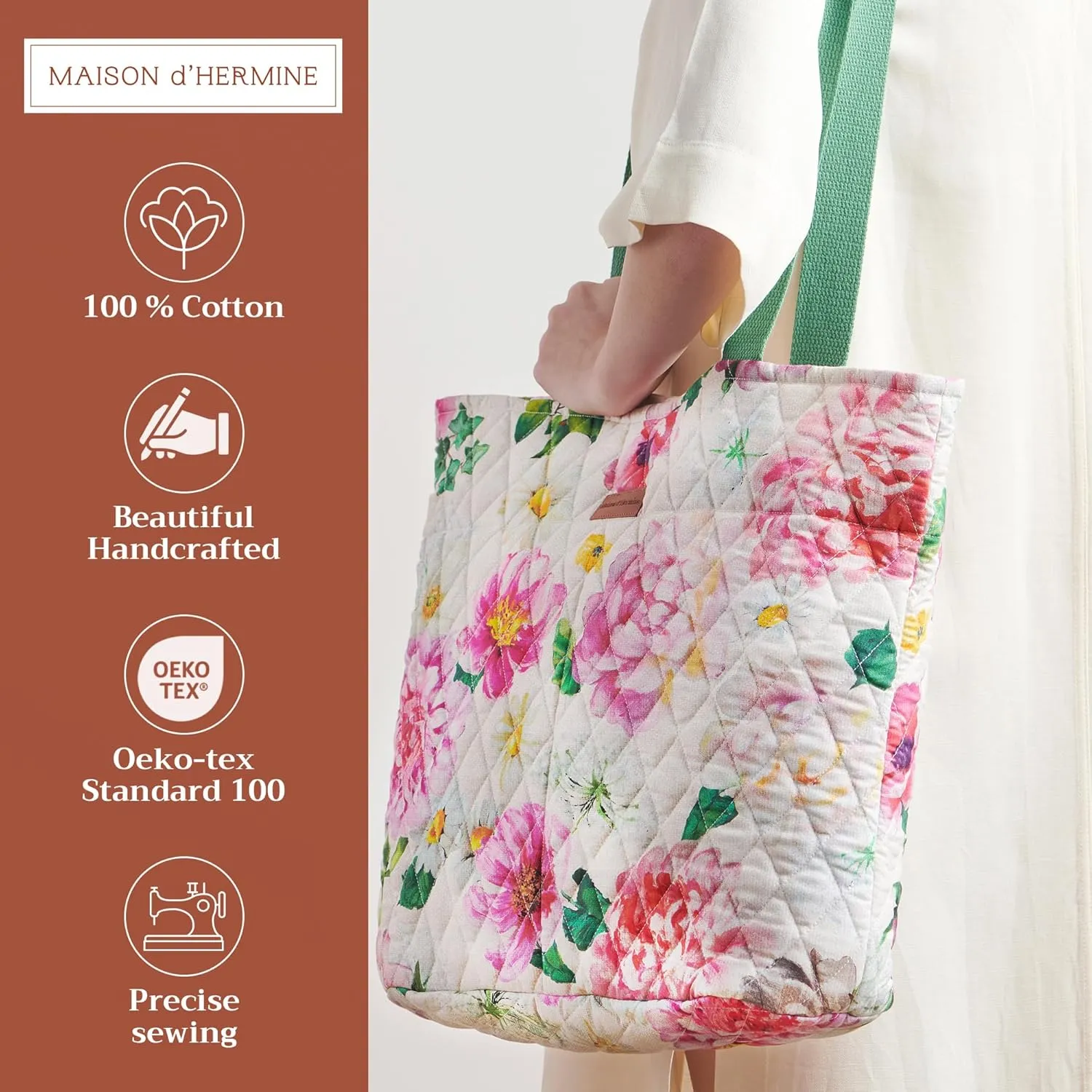 Maison d' Hermine Shopping Bags Cotton Quilted Tote Bag with Zipper Pockets Small Pouch Reusable Grocery Bag Work Travel