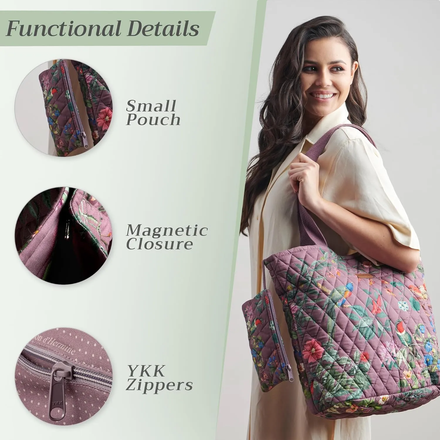 Maison d' Hermine Shopping Bags Cotton Quilted Tote Bag with Zipper Pockets Small Pouch Reusable Grocery Bag Work Travel