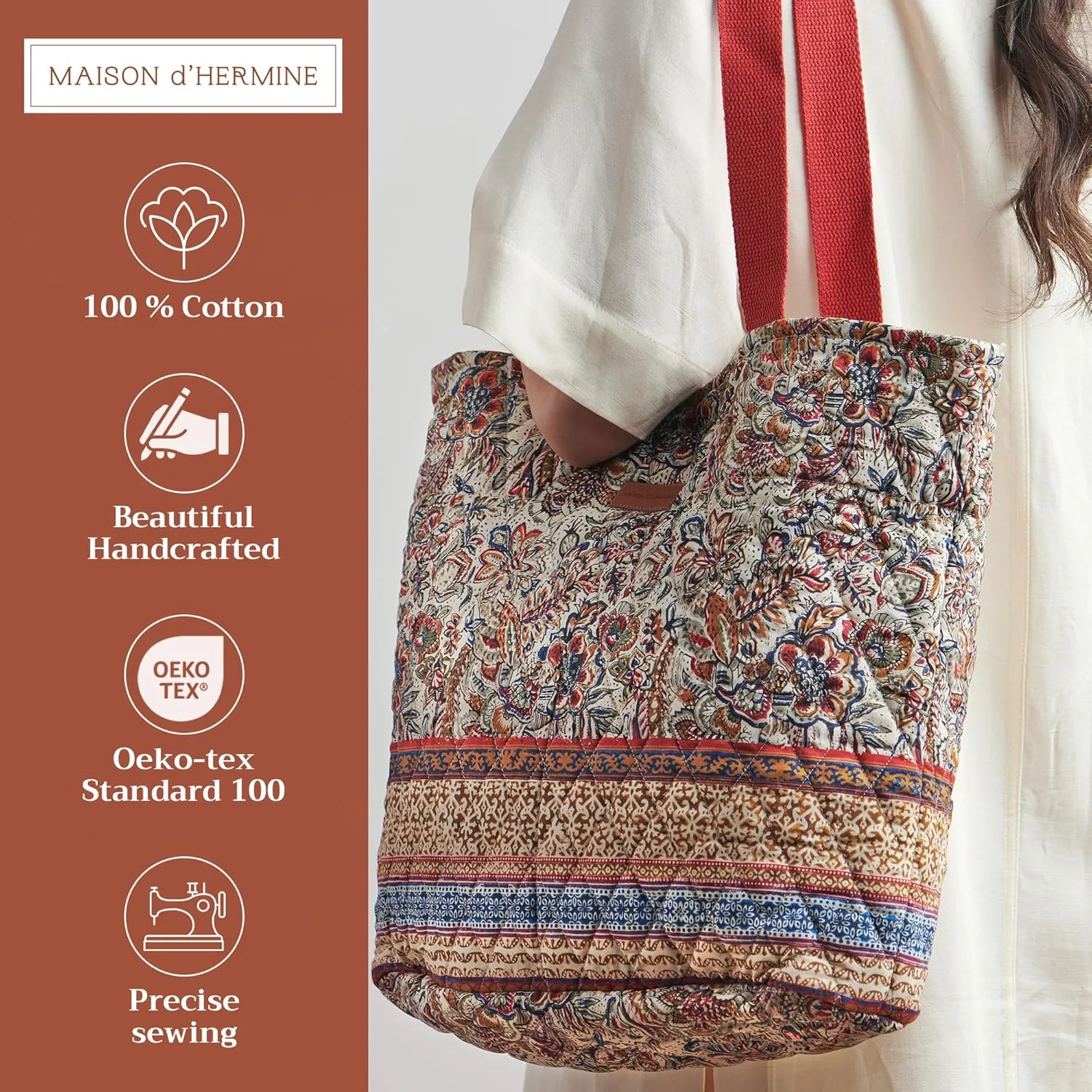 Maison d' Hermine Shopping Bags Cotton Quilted Tote Bag with Zipper Pockets Small Pouch Reusable Grocery Bag Work Travel