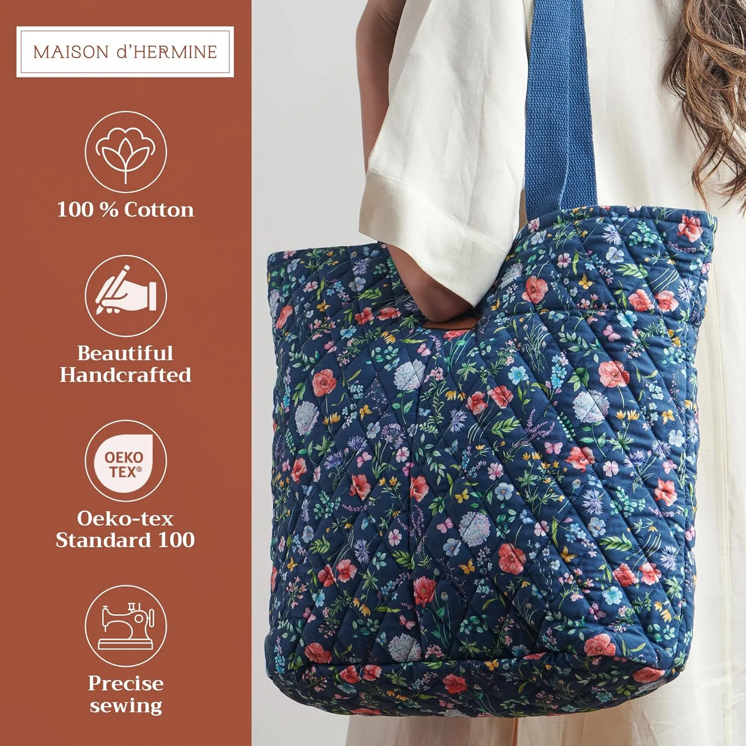Maison d' Hermine Shopping Bags Cotton Quilted Tote Bag with Zipper Pockets Small Pouch Reusable Grocery Bag Work Travel
