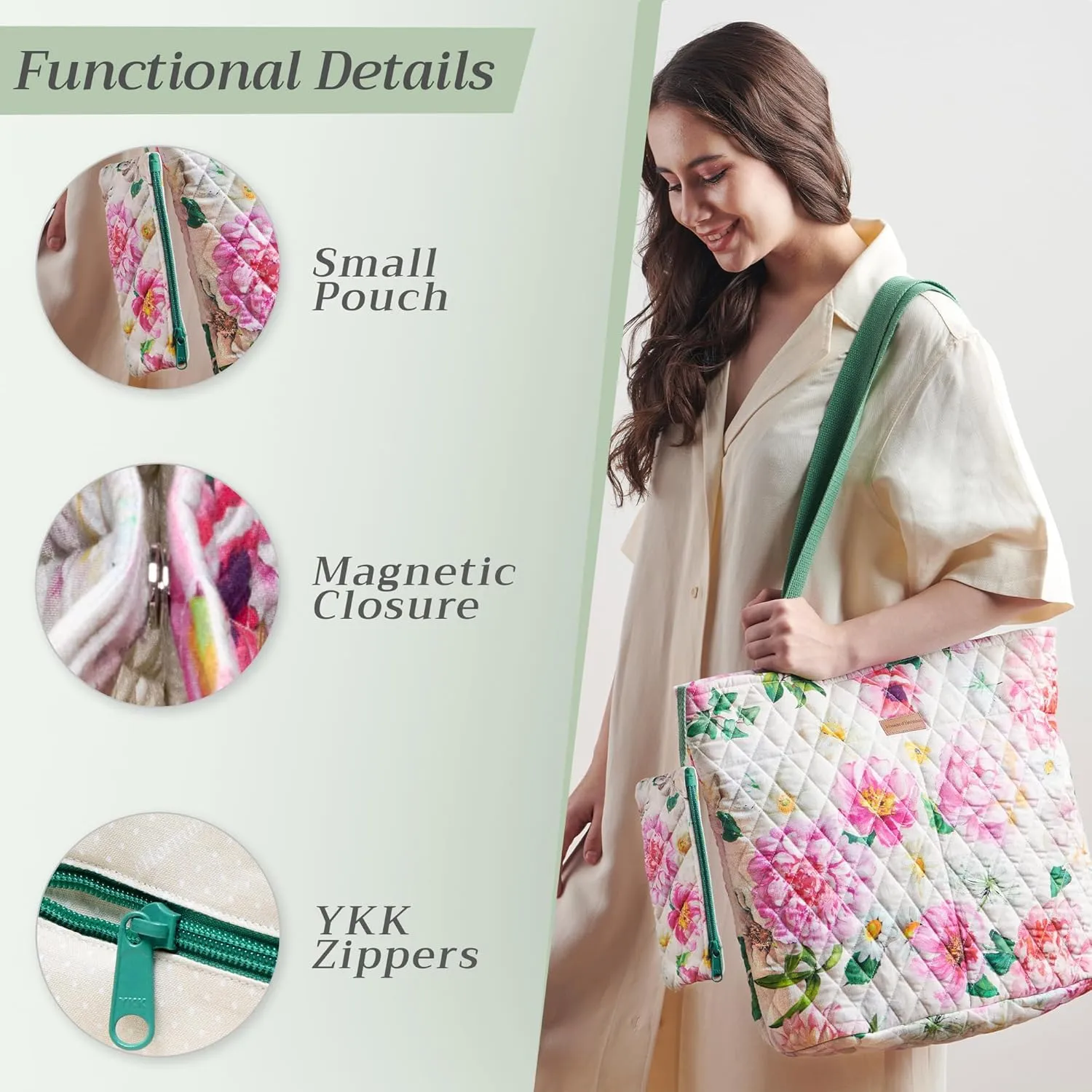 Maison d' Hermine Shopping Bags Cotton Quilted Tote Bag with Zipper Pockets Small Pouch Reusable Grocery Bag Work Travel