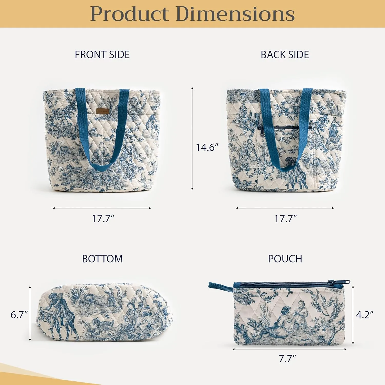 Maison d' Hermine Shopping Bags Cotton Quilted Tote Bag with Zipper Pockets Small Pouch Reusable Grocery Bag Work Travel