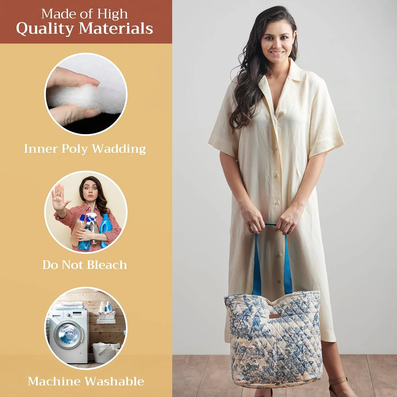 Maison d' Hermine Shopping Bags Cotton Quilted Tote Bag with Zipper Pockets Small Pouch Reusable Grocery Bag Work Travel