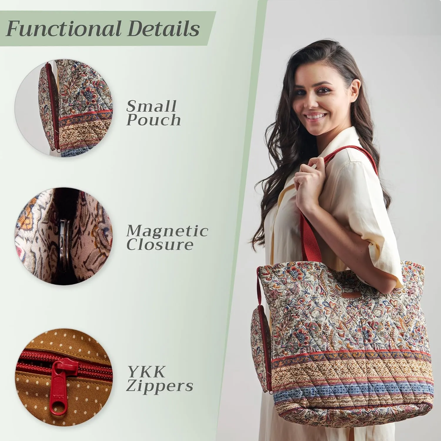 Maison d' Hermine Shopping Bags Cotton Quilted Tote Bag with Zipper Pockets Small Pouch Reusable Grocery Bag Work Travel