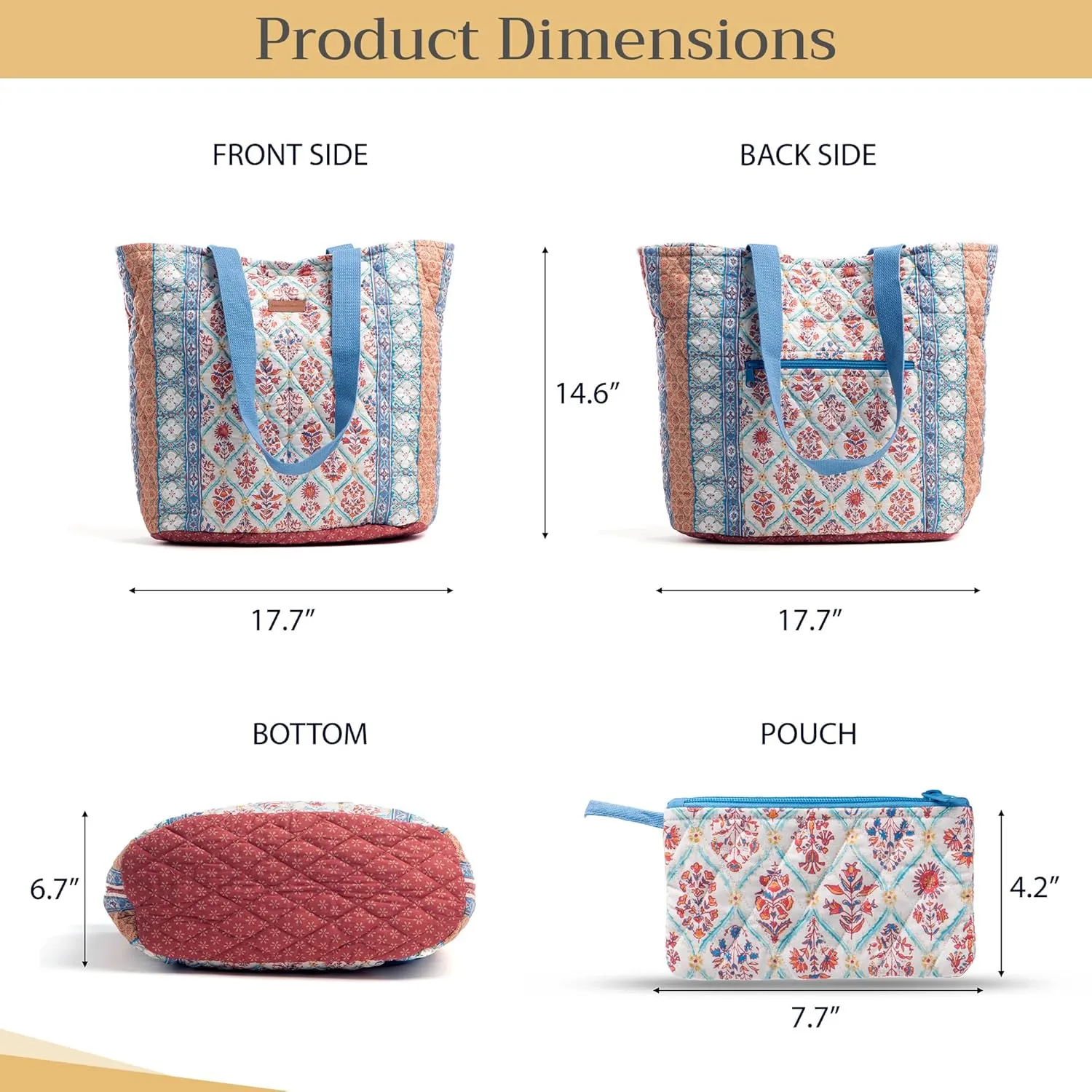 Maison d' Hermine Shopping Bags Cotton Quilted Tote Bag with Zipper Pockets Small Pouch Reusable Grocery Bag Work Travel
