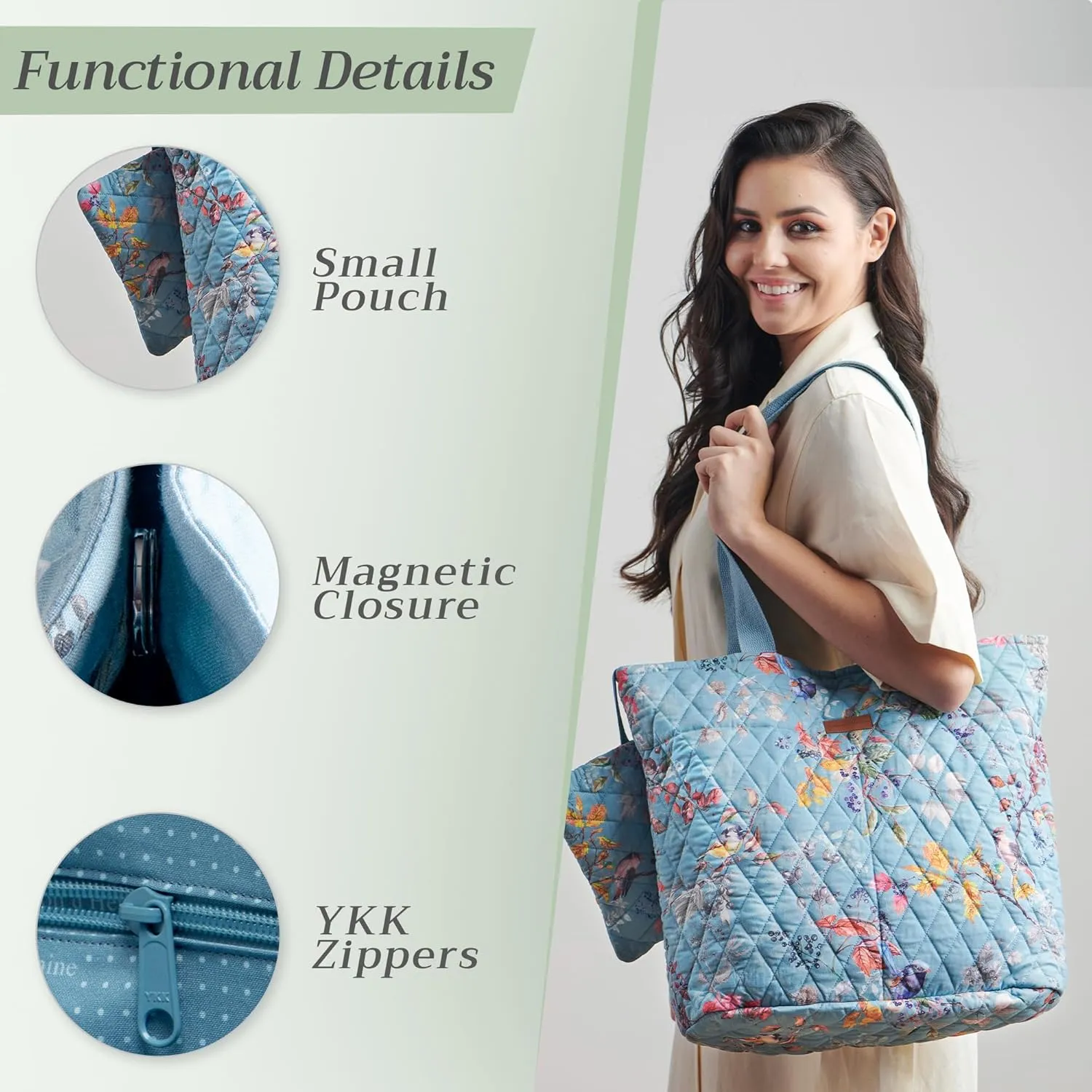 Maison d' Hermine Shopping Bags Cotton Quilted Tote Bag with Zipper Pockets Small Pouch Reusable Grocery Bag Work Travel