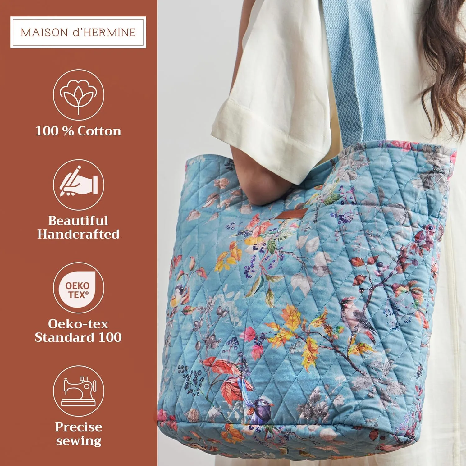 Maison d' Hermine Shopping Bags Cotton Quilted Tote Bag with Zipper Pockets Small Pouch Reusable Grocery Bag Work Travel
